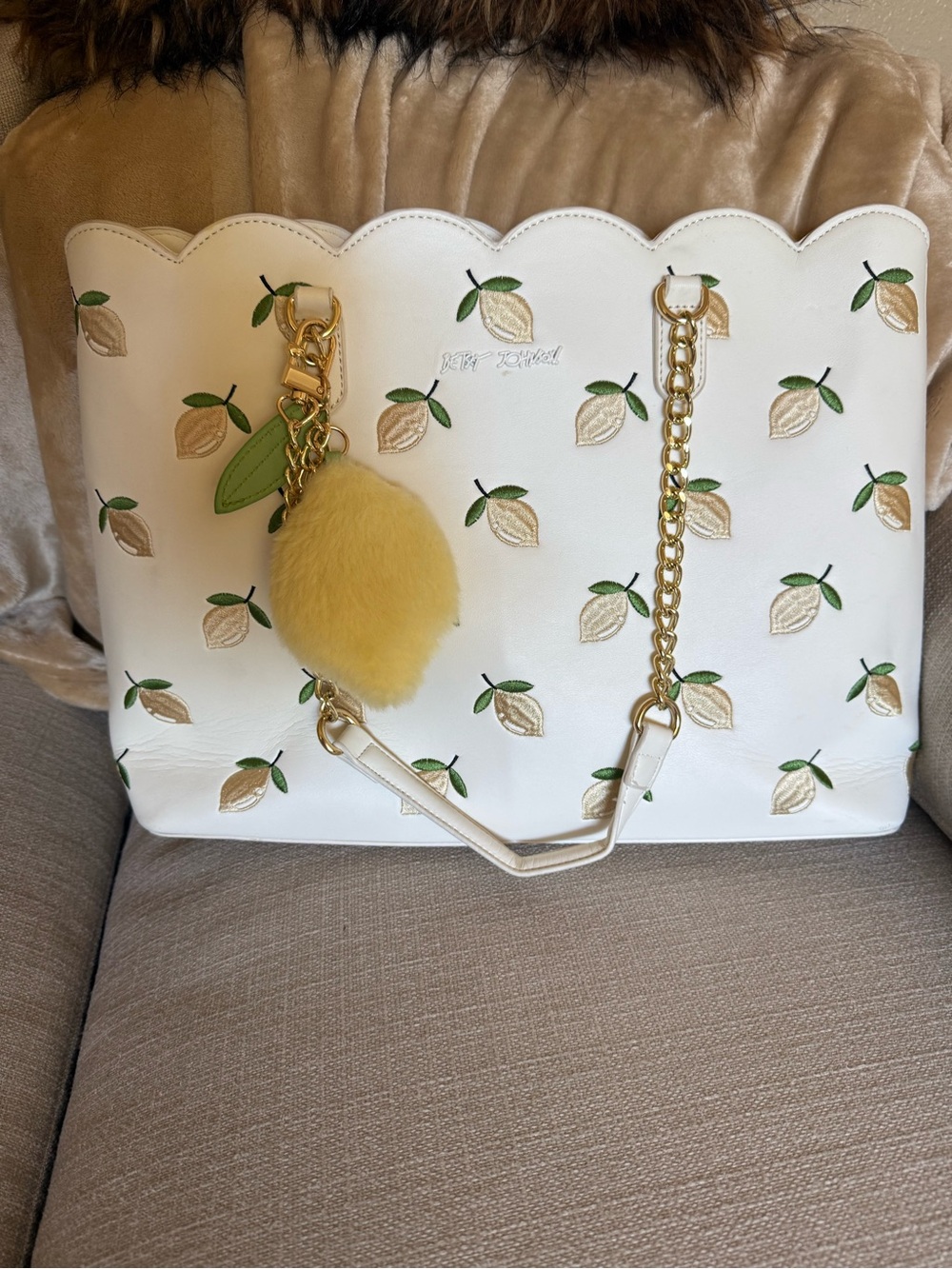 Betsey Johnson White Lemon Embroidered Scallop Tote with Lemon Charm